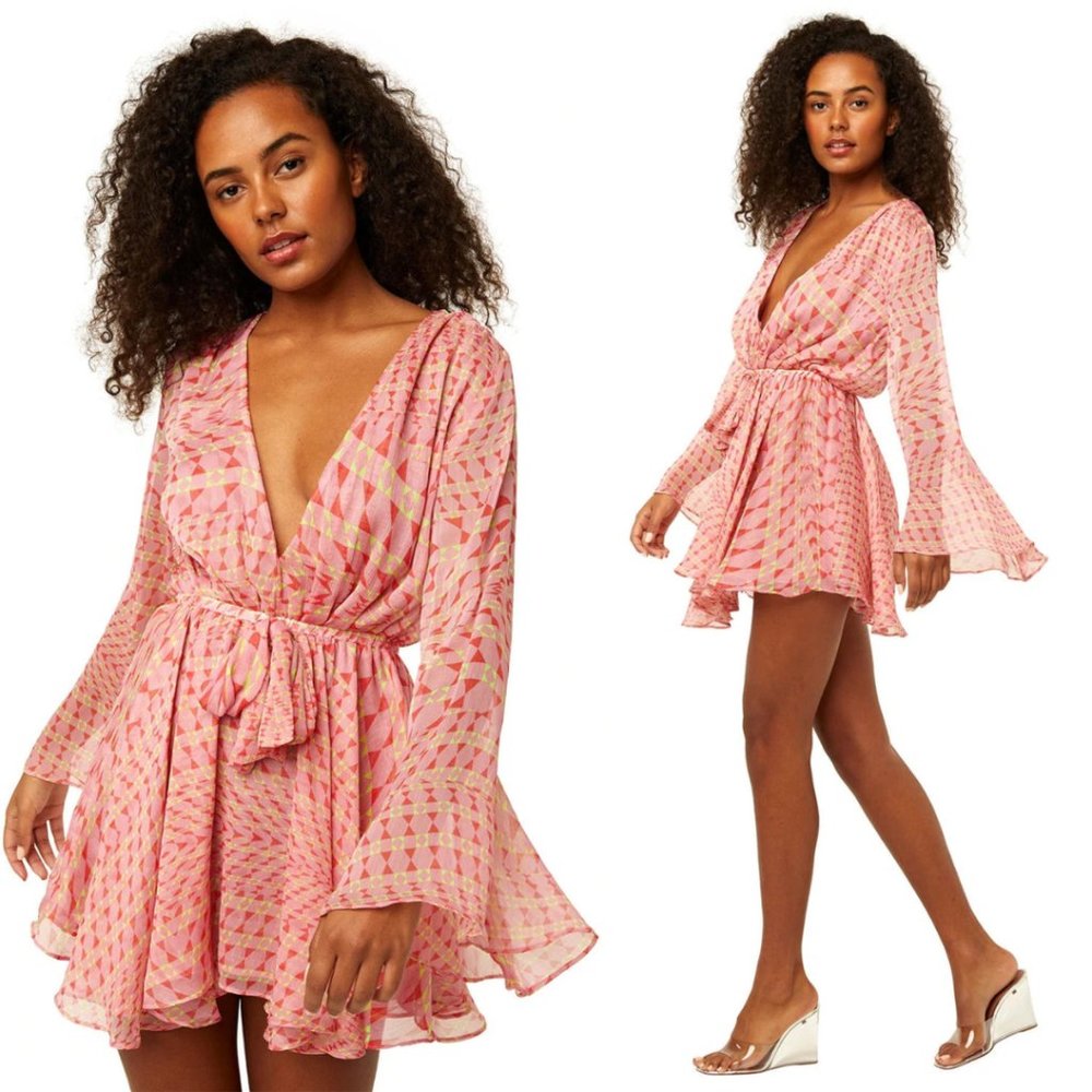 NWT Misa Kaia Chiffon Mini Dress Sz M Septima Geometric Print Plunging V-neck